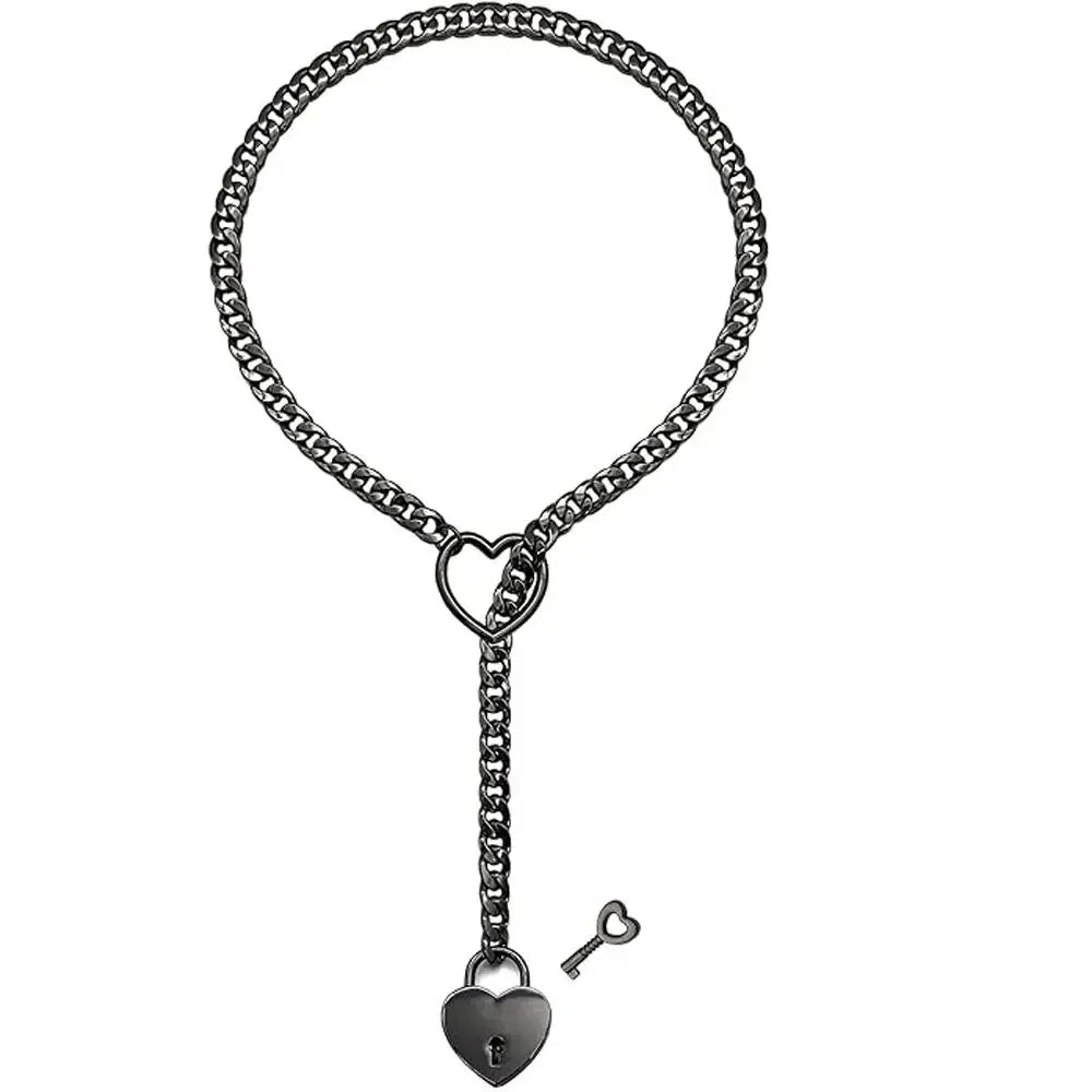 Adjustable Heart O-Ring Punk Rock Cuban Chain Necklace – Lariat Y-Style Necklace with Key & Heart Lock Pendant by Matrix Store
