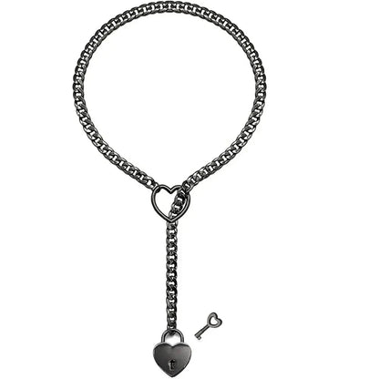 Adjustable Heart O-Ring Punk Rock Cuban Chain Necklace – Lariat Y-Style Necklace with Key & Heart Lock Pendant by Matrix Store