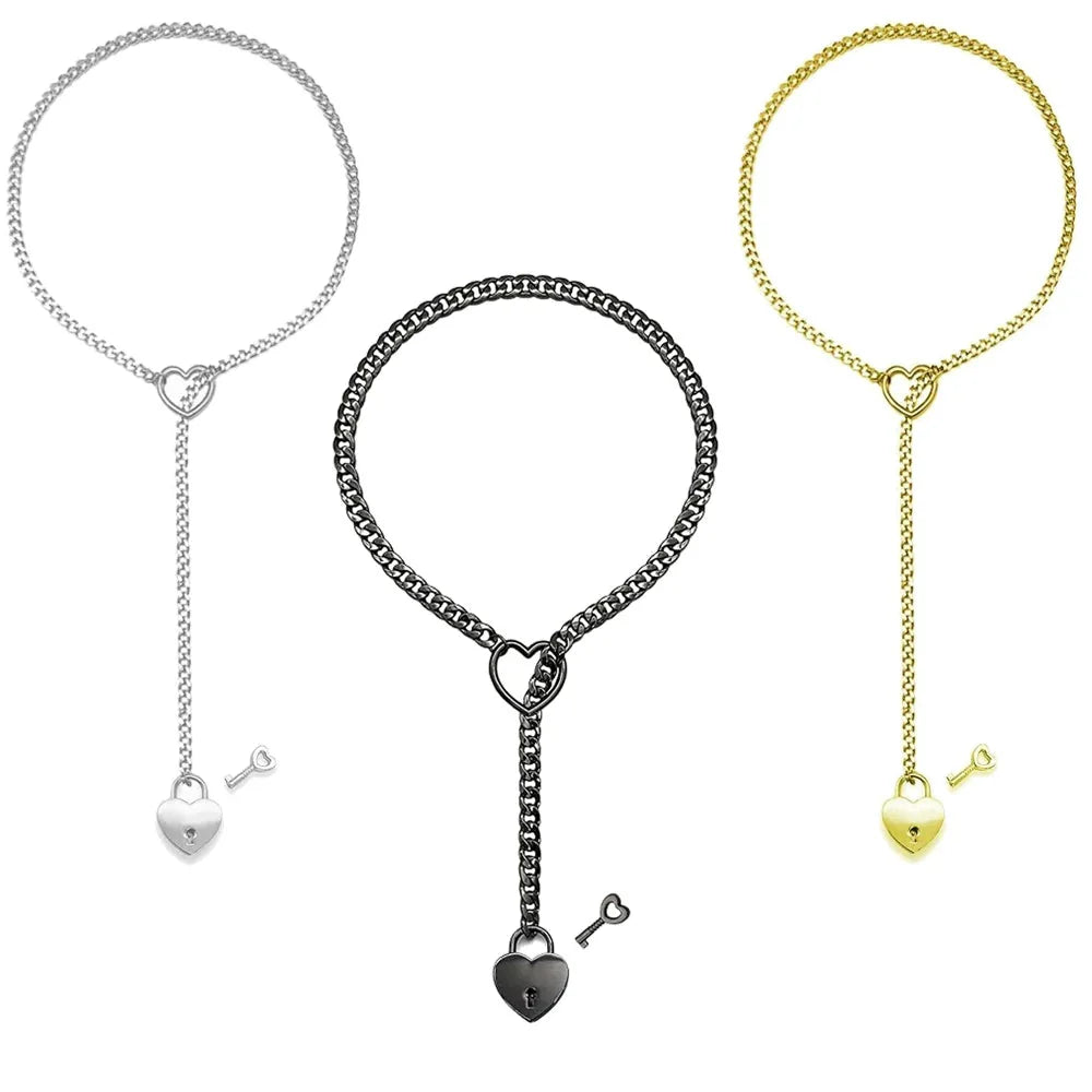 Adjustable Heart O-Ring Punk Rock Cuban Chain Necklace – Lariat Y-Style Necklace with Key & Heart Lock Pendant by Matrix Store