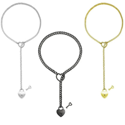Adjustable Heart O-Ring Punk Rock Cuban Chain Necklace – Lariat Y-Style Necklace with Key & Heart Lock Pendant by Matrix Store