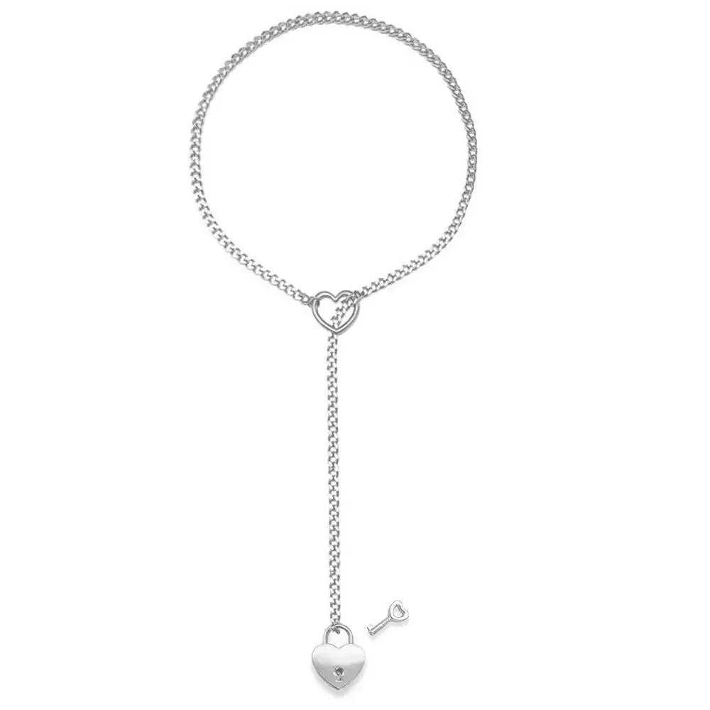 Adjustable Heart O-Ring Punk Rock Cuban Chain Necklace – Lariat Y-Style Necklace with Key & Heart Lock Pendant by Matrix Store