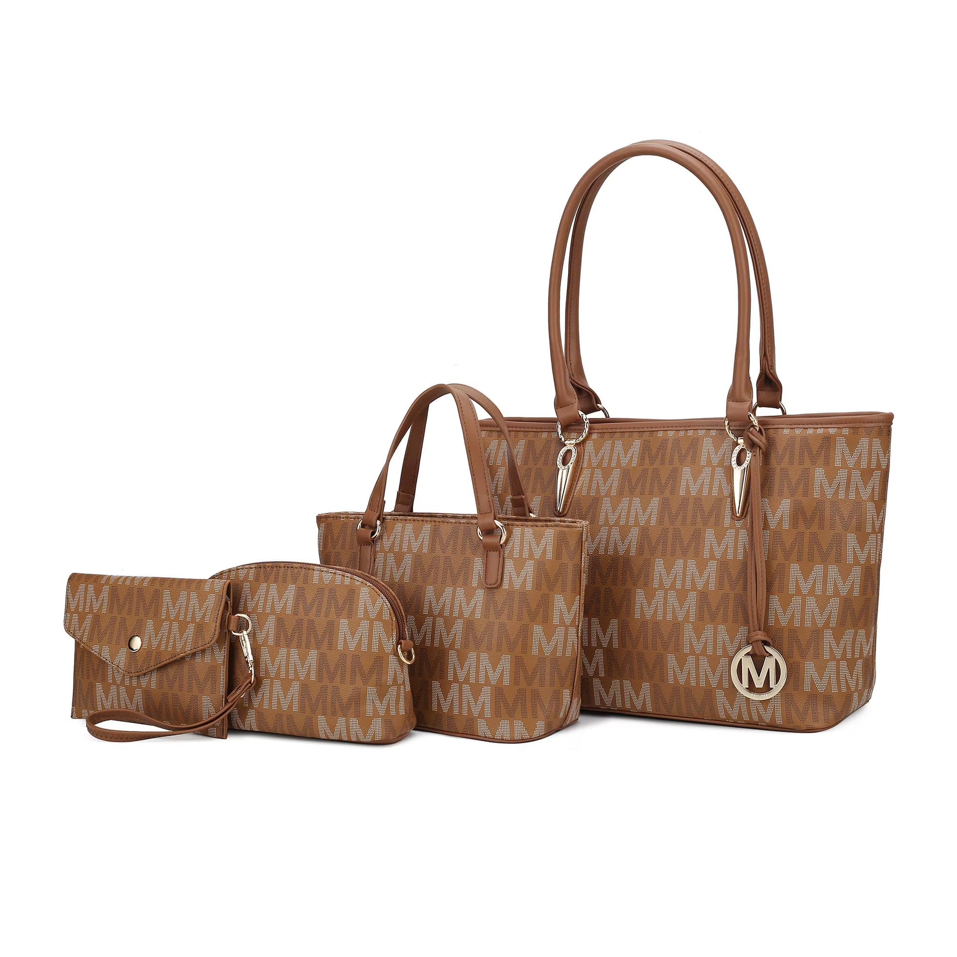 Alexy tan 4-piece tote bag set: large tote, small tote, pouch and wristlet with monogram pattern and M logo charm