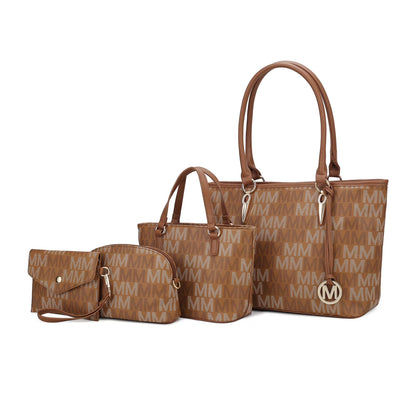 Alexy tan 4-piece tote bag set: large tote, small tote, pouch and wristlet with monogram pattern and M logo charm