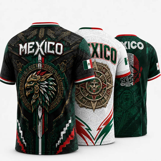 Mexican-inspired V-neck shirt, set of three in black, white, and green with eagle emblem and Aztec motifs
