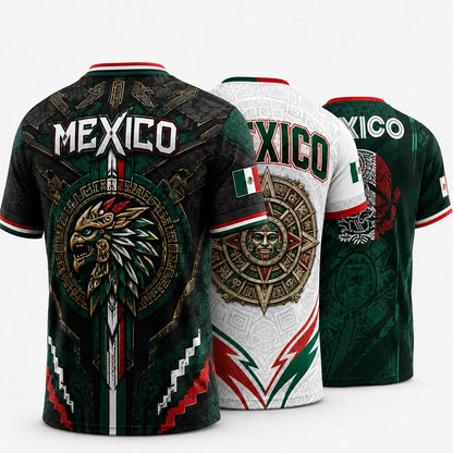 Mexican-Inspired V-Neck Graphic Shirts with eagle Aztec emblems in black, white, and green, short-sleeve 3-pack.