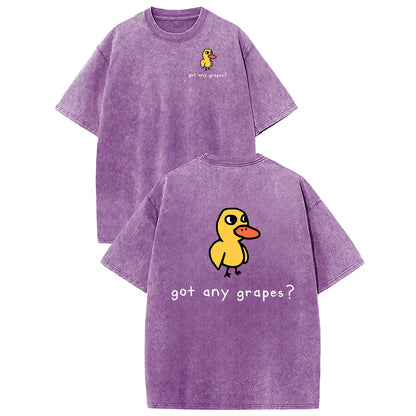 Purple cotton oversized T-shirt with duck graphic; back reads got any grapes?, front features small duck