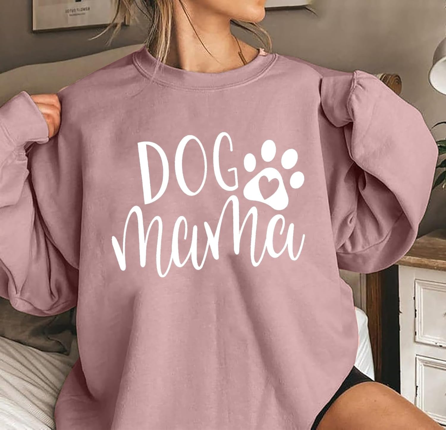 Dog Momma women's pink pullover sweatshirt with white paw print and heart graphic
