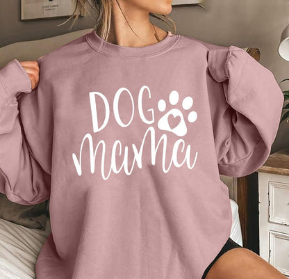 Dog Momma women's pink pullover sweatshirt with white paw print and heart graphic