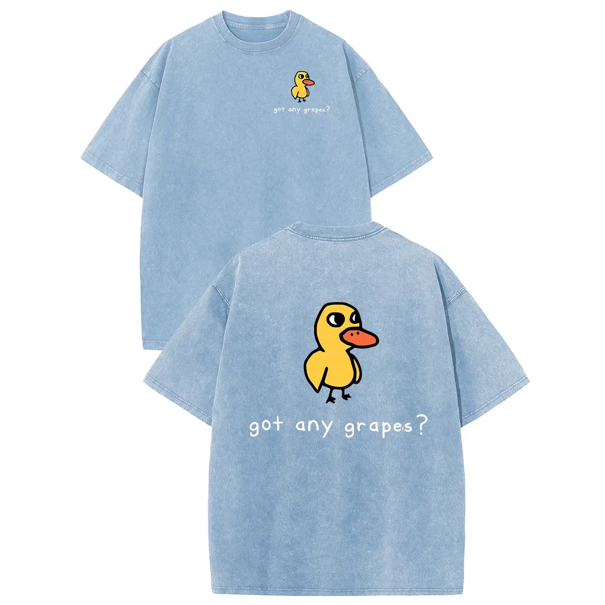 Matrix Store unisex short-sleeve cotton T-shirt, washed light-blue with yellow duck graphic and got any grapes?