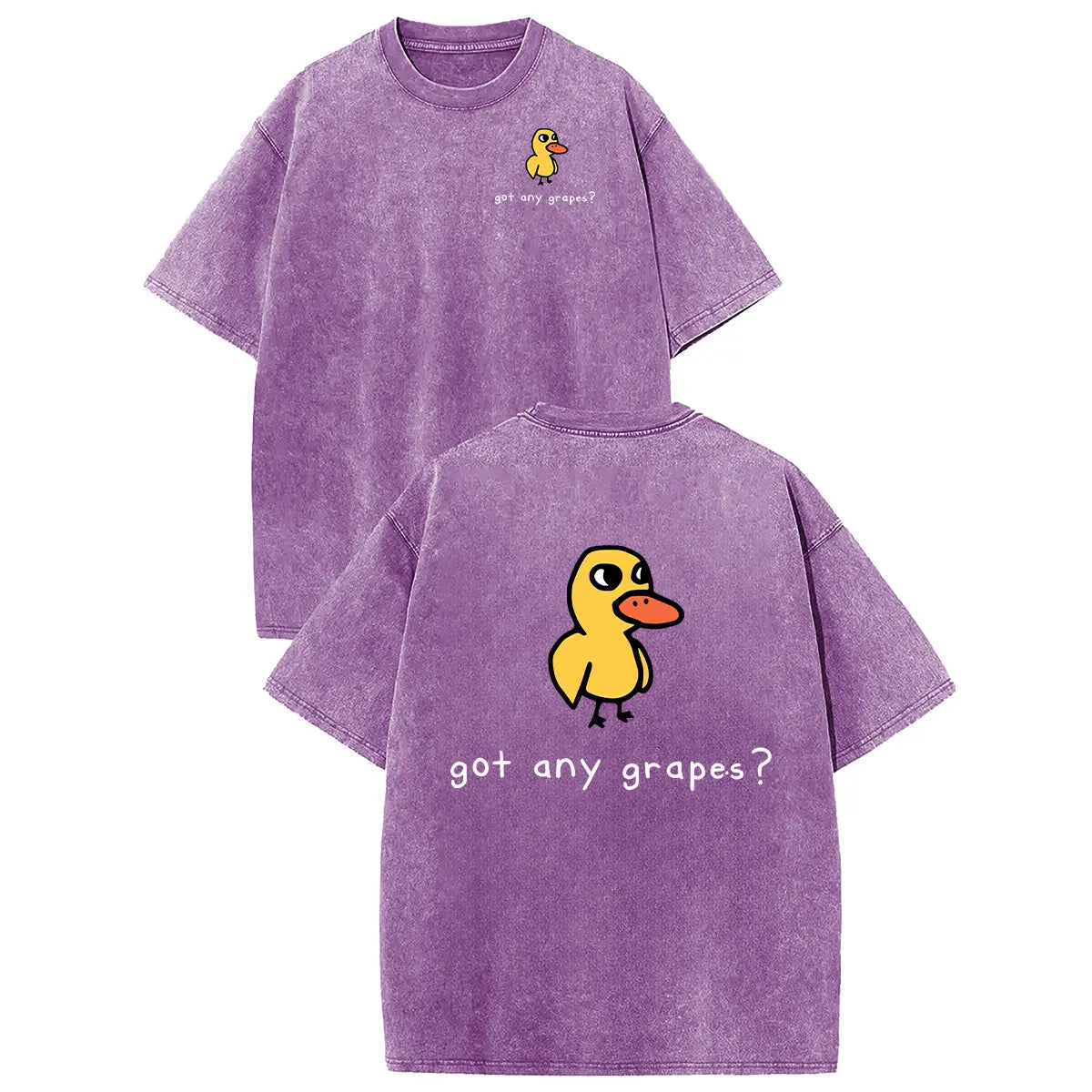 Holafish women's short-sleeve cotton T-shirt, washed purple with a yellow duck graphic and got any grapes?