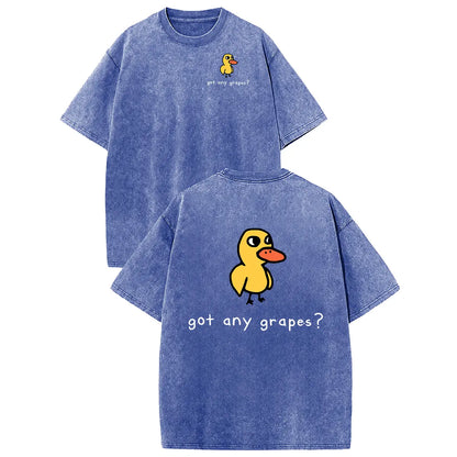 Unisex blue washed cotton T-shirt with yellow duck graphic and got any grapes? text on back; duck logo on front