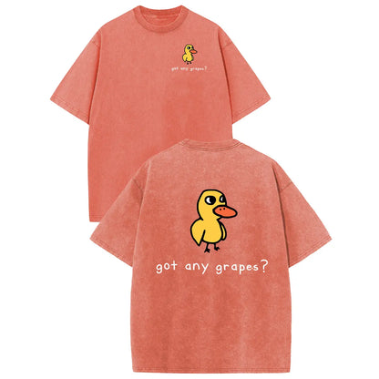 Coral cotton T-shirt with a yellow duck graphic and got any grapes text, front small chest print and large back graphic