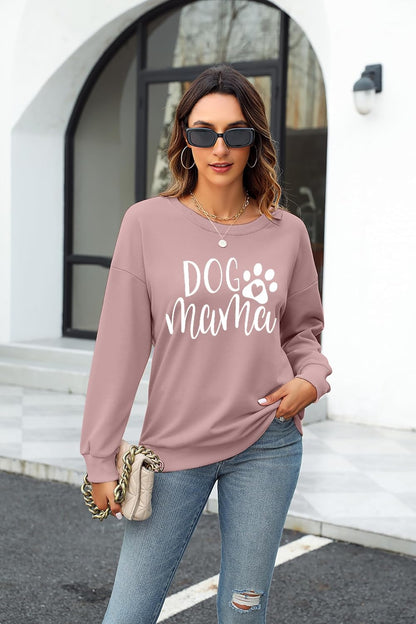 Women's mauve dog mom graphic sweatshirt with paw print, long-sleeve pullover.