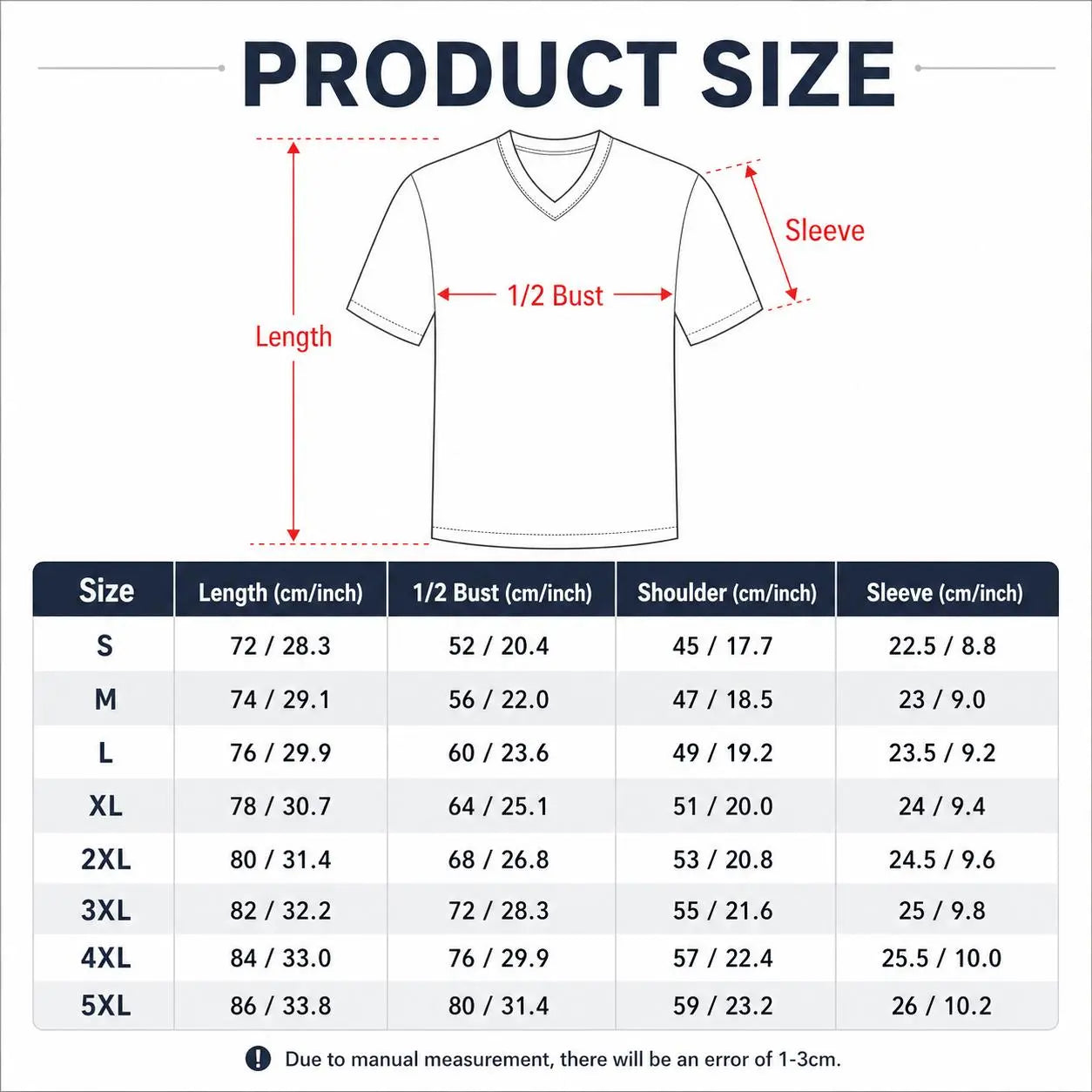 Mexican-Inspired V-Neck Graphic Shirt size chart; short-sleeve T-shirt with bust and length measurements.