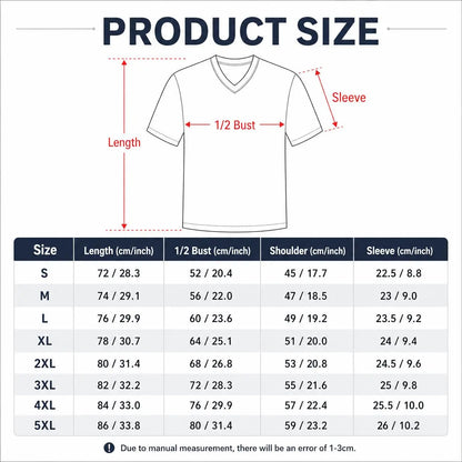 Mexican-Inspired V-Neck Graphic Shirt size chart; short-sleeve T-shirt with bust and length measurements.