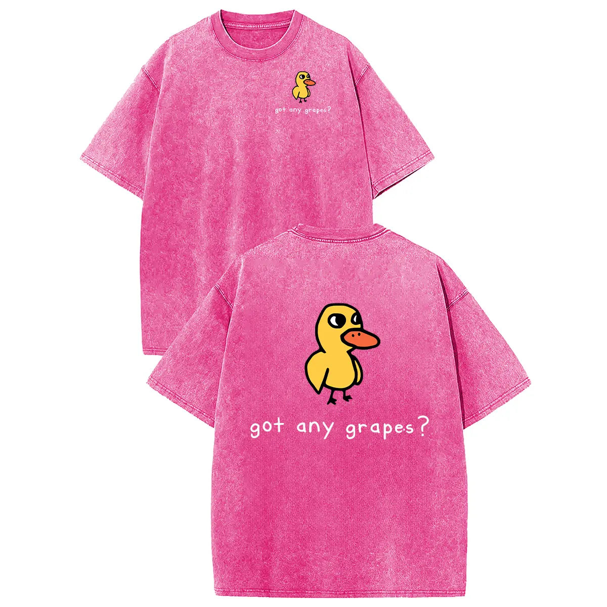 Pink cotton unisex loose-fit T-shirt with small duck graphic on chest and large duck with got any grapes? on back