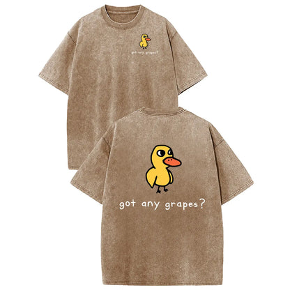 Brown washed unisex cotton T-shirt with a small front duck graphic and a large back print reading got any grapes?