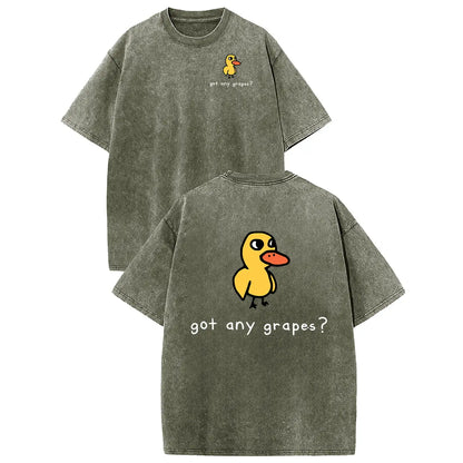 Unisex washed-gray cotton T-shirt with small front duck graphic and large back duck saying got any grapes?