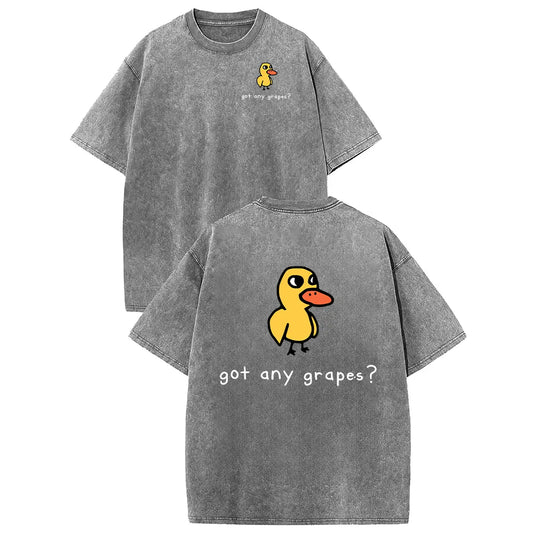 Gray washed cotton T-shirt with a yellow duck graphic and got any grapes? text on the back; small chest print.