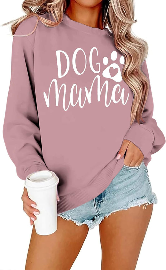 Dog Mom sweatshirt, pink with white paw print and heart graphic, long-sleeve pullover.