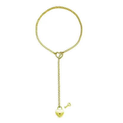 Adjustable Heart O-Ring Punk Rock Cuban Chain Necklace – Lariat Y-Style Necklace with Key & Heart Lock Pendant by Matrix Store