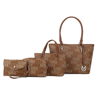 Alexy 4-piece tan tote set with MM monogram logos; includes large tote, small tote, pouch, and wristlet wallet.
