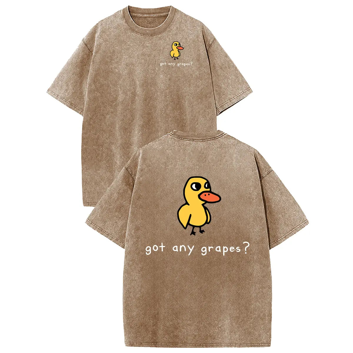 Unisex washed-brown cotton T-shirt with yellow duck graphic and got any grapes? text on front and back
