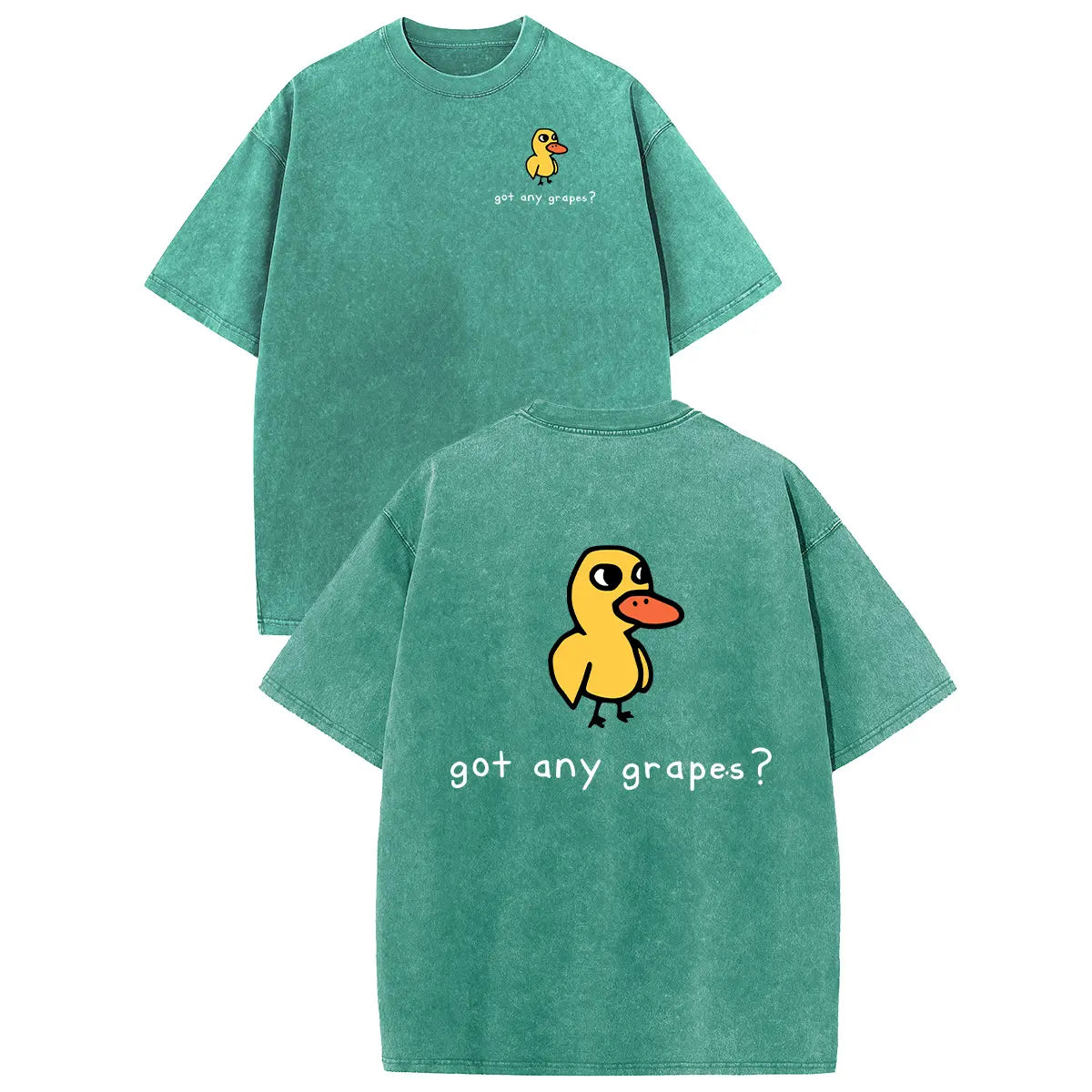 Cotton unisex teal T-shirt with front duck graphic and back large duck with got any grapes? slogan.